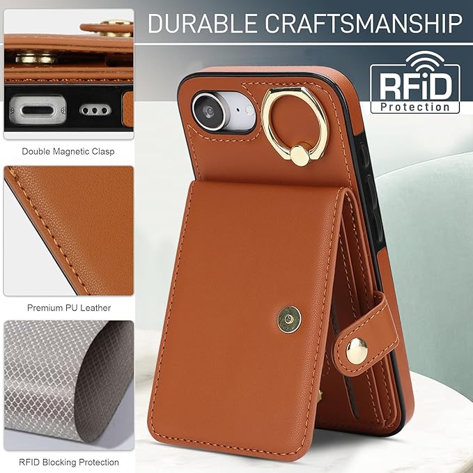 Compatible iPhone 16e Wallet Case with Card Holder RFID Blocking PU Leather Doubles as a Wallet Unisex Flip Shockproof Protection with Card Slots Ring Wrist Kickstand Function,Brown
