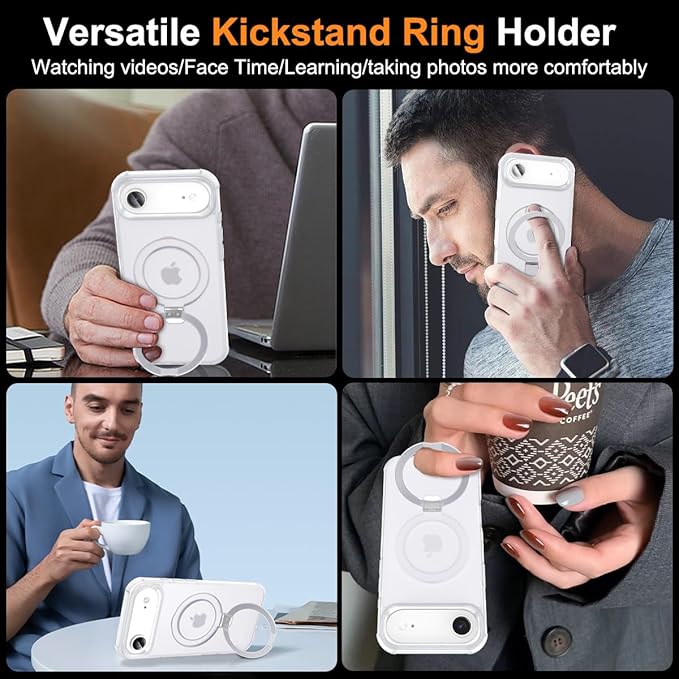 Magnetic Compatible with iPhone Air Case with Stand [Military Grade Drop Tested][Compatible with Magnet] Ring Translucent Slim Hard Back Soft Edge 17 Air Phone Case, Frost White