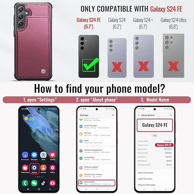 Vinich for Samsung Galaxy S24 FE Wallet Case with Card Holder, RFID Blocking Credit Slots Kickstand Shockproof Phone Cover for Women Men, Wine Red