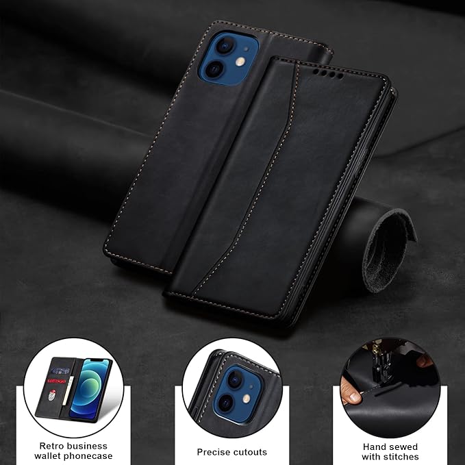 Jasonyu Flip Wallet Case for iPhone 12/12 Pro,Leather Magnetic Folio Cover with Card Holder,Kickstand - TPU Shockproof Durable Protective Phone Case,Black