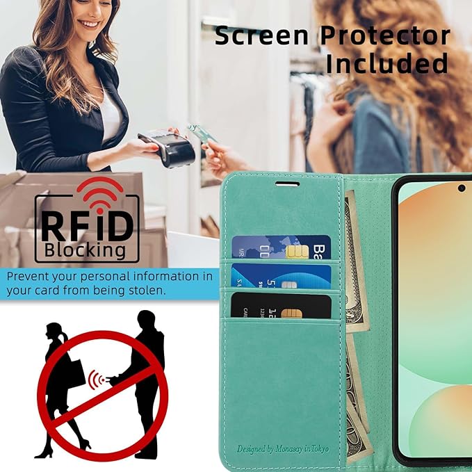 MONASAY Wallet Case Fit for Samsung Galaxy S24 FE 6.1 inch 5G,[RFID Blocking] Flip Folio Leather Cell Phone Cover with Credit Card Holder, Mint