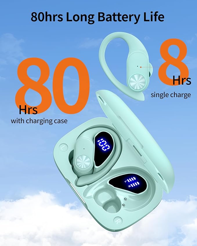 PocBuds Bluetooth Headphones Wireless Earbuds 80hrs Playtime Wireless Charging Case Digital Display Sport Ear buds with Earhook Deep Bass IPX7 Waterproof Over-Ear Earphones for Phone Laptop Mint Green