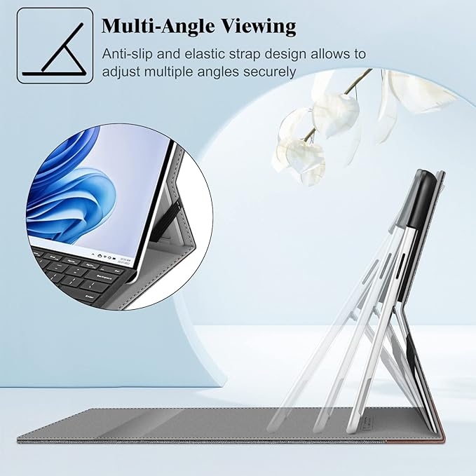 Fintie Case for 13 Inch Microsoft Surface Pro 11/10/9 - Multiple Angle Viewing Portfolio Business Cover with Pocket & Stylus Holder, Compatible with Type Cover Keyboard, Gray/Brown