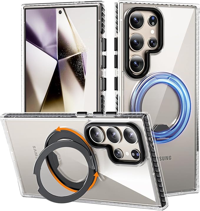 for Samsung Galaxy S24 Ultra Case,Compatible with Magsafe,with 360°Rotatable Magnetic Ring Stand [Wireless Charging], Clear Slim Soft Edge Phone Kickstand,Clear & Black