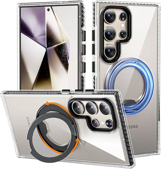 for Samsung Galaxy S24 Ultra Case,Compatible with Magsafe,with 360°Rotatable Magnetic Ring Stand [Wireless Charging], Clear Slim Soft Edge Phone Kickstand,Clear & Black