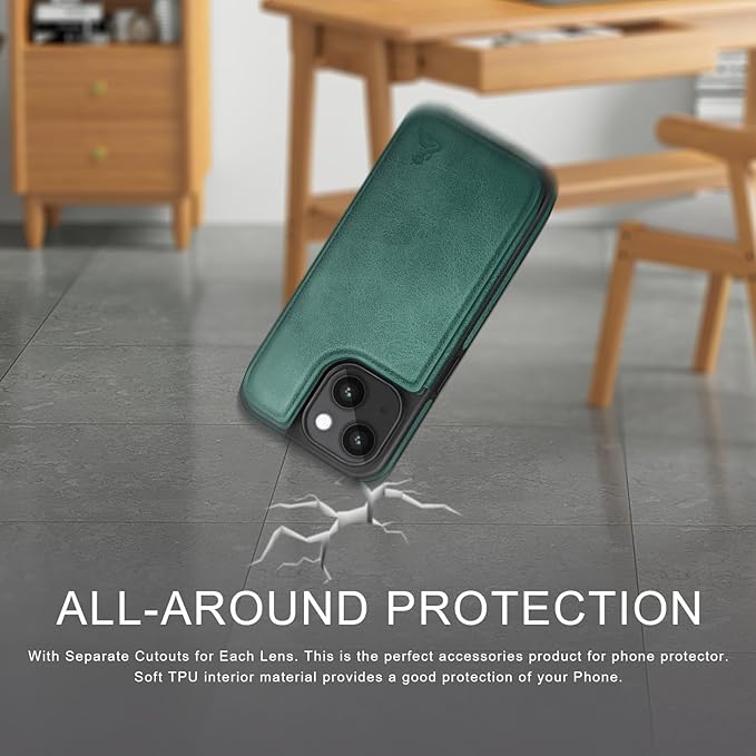 DJDUCK Designed for iPhone 14 Case Wallet with Card Holder, [Magnetic Clasp Cover] [RFID Blocking Leather Protection] Shockproof Women Men Cases 6.1 Inch for Apple 14 Sea Green