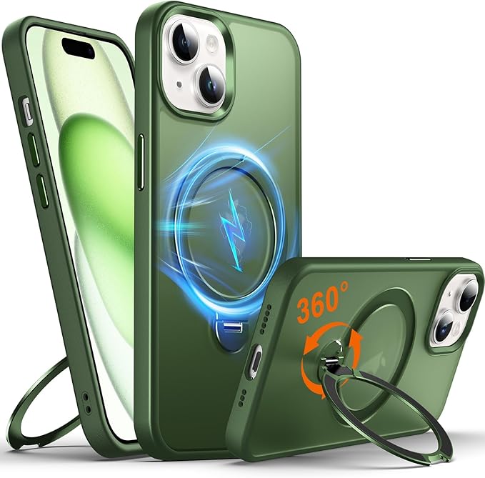 360° O-Ring MagStander for iPhone 15 Case with Magnetic Kickstand Ring Holder [Compatible with MagSafe][360°Rotate Stand Ring][Military Shockproof] Magnet iPhone 15 Phone Cover Matte Green