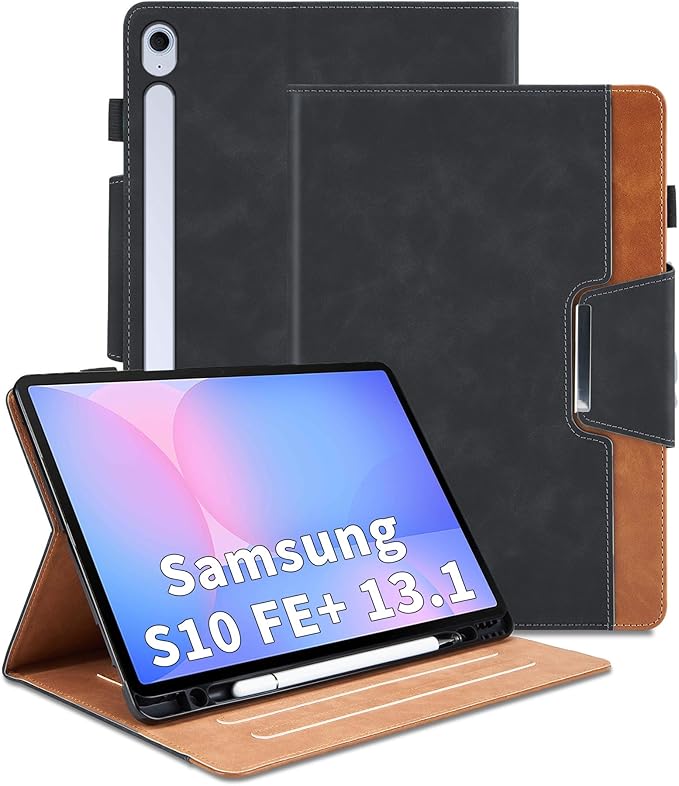 Case for Samsung Galaxy Tab S10 FE Plus 13.1 Inch 2025 Model(SM-X620/X626B) - Multi-Angle Viewing Stand Cover with Pocket and Magnetic Clasp, PU Leather Business Folio Protective Case, Black