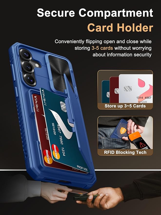Vihibii for Samsung Galaxy S25+ Plus Case with Card Holder (4 Cards), [RFID Blocking] & Slide Camera Cover & Raised Edges Protect Screen, Shockproof Rugged Phone Case for Galaxy S25+ Plus 6.7", Blue