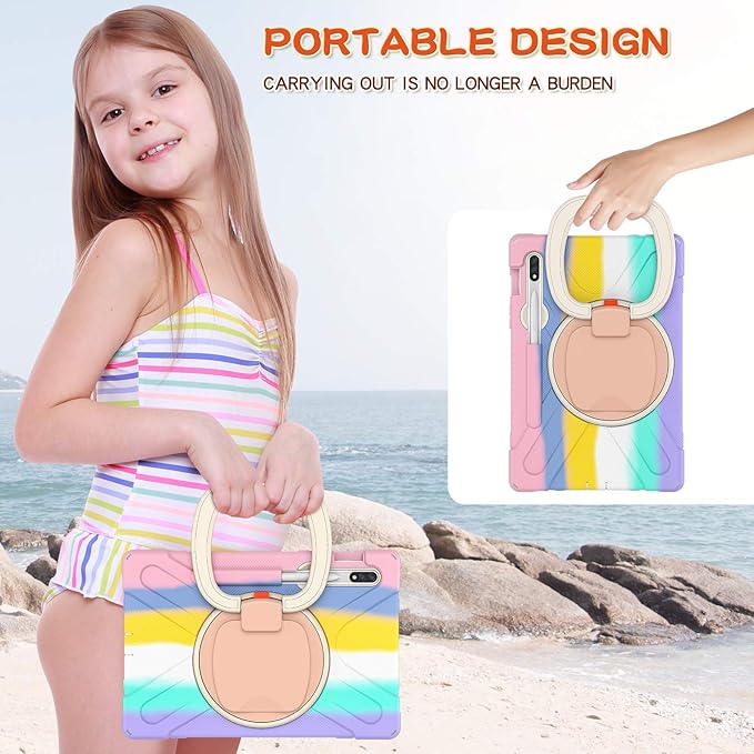 Samsung Galaxy Tab S8 11" / S7 11" 360 Rotation Case with S Pen Holder, Rugged Rotating Stand, Hand & Shoulder Strap, Outdoor Cover (Colourful Pink)