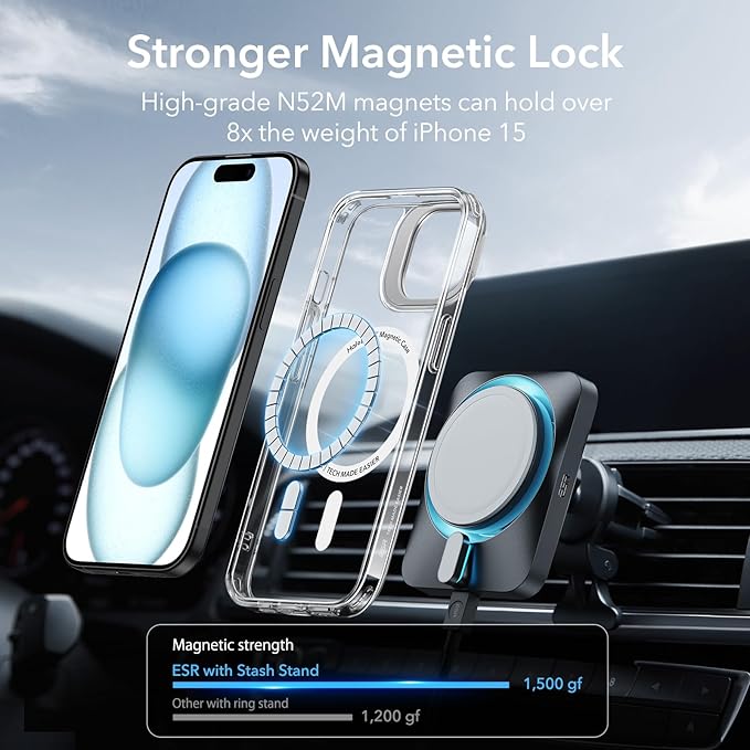 ESR for iPhone 15 Case, Compatible with MagSafe, Built-in Stash Stand Clear Phone Case for iPhone 15, Military-Grade Protection, Magnetic Phone Case, Scratch-Resistant Back Cover,Classic Series,Clear