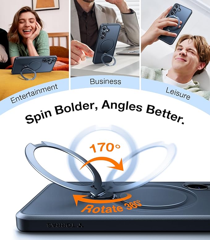 TORRAS 360° Spin for Samsung Galaxy S25 Case with Stand, Fit for MagSafe, 3X Military Grade Protective, Rotatable Kickstand for Samsung S25 Case, Magnetic Ring Slim Hard Cover, Matte Black 6.2''
