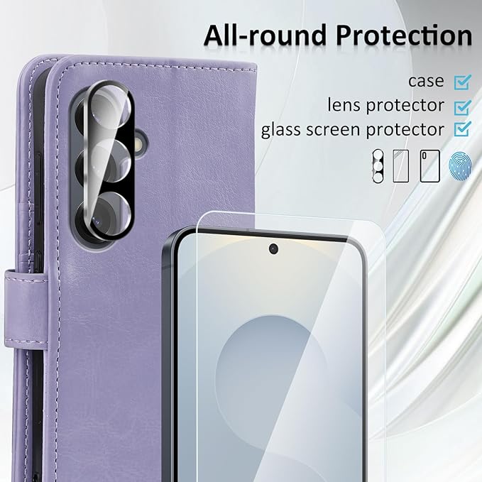 MONASAY Wallet Case Fit for Samsung Galaxy S25 5G, [Lens & Glass Screen Protector Included] [RFID Blocking] Flip Folio Leather Cell Phone Cover with Credit Card Holder, 6.2 inch, Lavenders