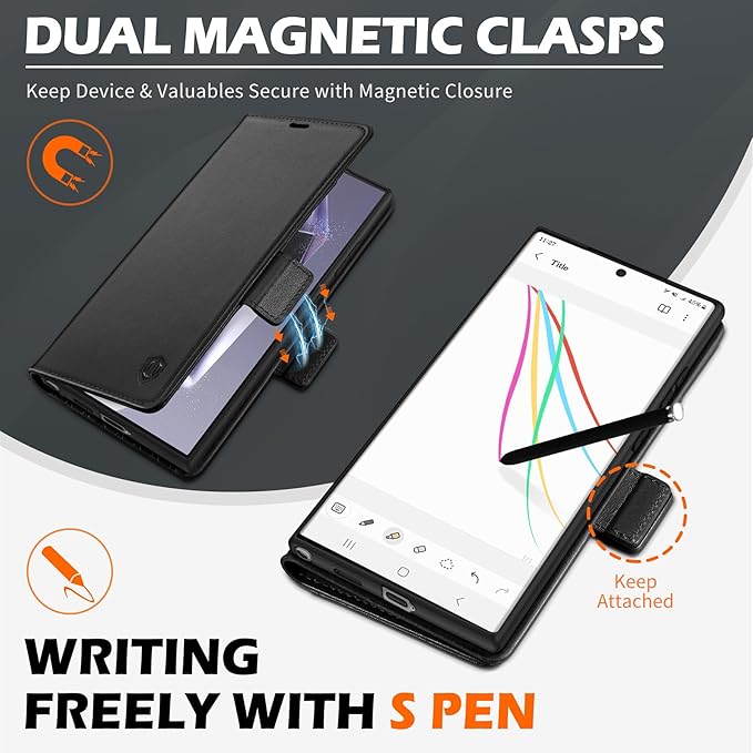 SHIELDON Case for Galaxy S25 Ultra 6.9", Genuine Leather Folio Wallet Case with Kickstand RFID Blocking Card Holder Magnetic Protective Phone Cover Compatible with Galaxy S25 Ultra 2025 - Nappa Black