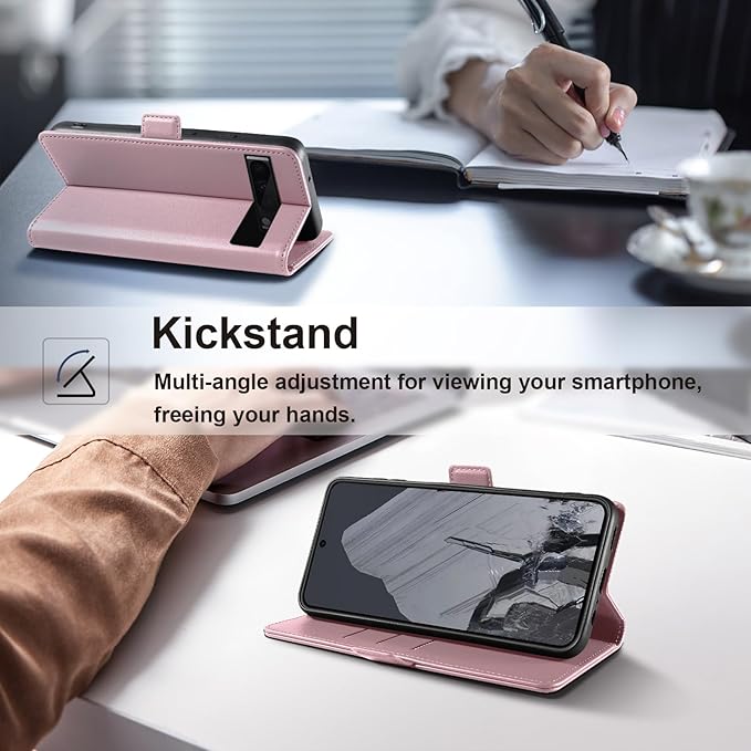 Wallet Flip Case for Google Pixel 8 Pro - [RFID Blocking] Luxury PU Leather Card Holder Magnetic Phone Cover with Kickstand,Shockproof Protective Case,Pink