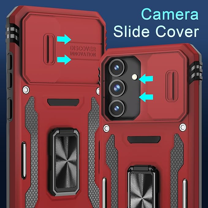 DEERLAMN Case for Samsung Galaxy S25 FE 6.7-Inch with Slide Camera Cover+Screen Protector(1 Pack), Rotated Ring Kickstand Military Grade Shockproof Protective Cover-Red