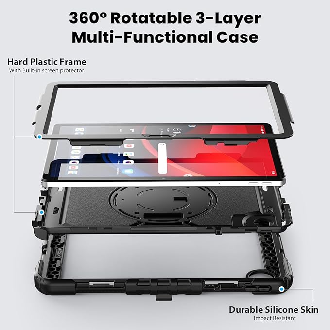 Case for Lenovo Tab K11 11'' 2024 / M11 TB330FU /Lenovo Xiaoxin Pad 2024 TB331FC, with Screen Protector, Hand Strap, Shoulder Strap, Rotating Stand Black