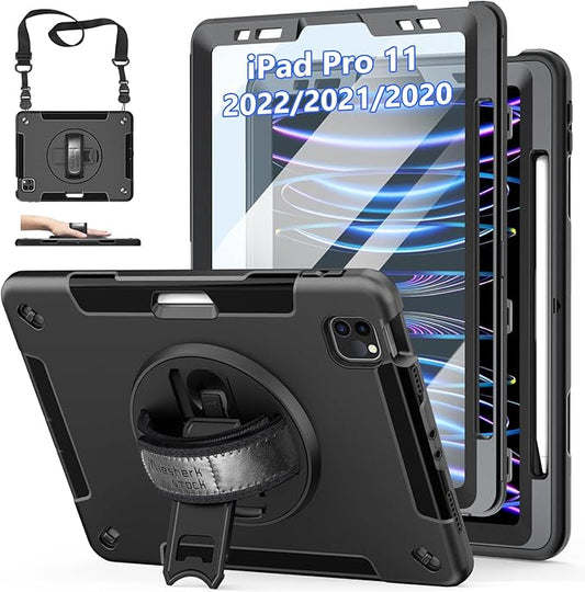 Case for iPad Pro 11 Inch 2022/2021/ 2020/2018: Cover for iPad 11 Inch 4th/ 3rd/ 2nd/ 1st Generation with Screen Protector- Stand- Handle- Shoulder Strap- Pencil Holder Black