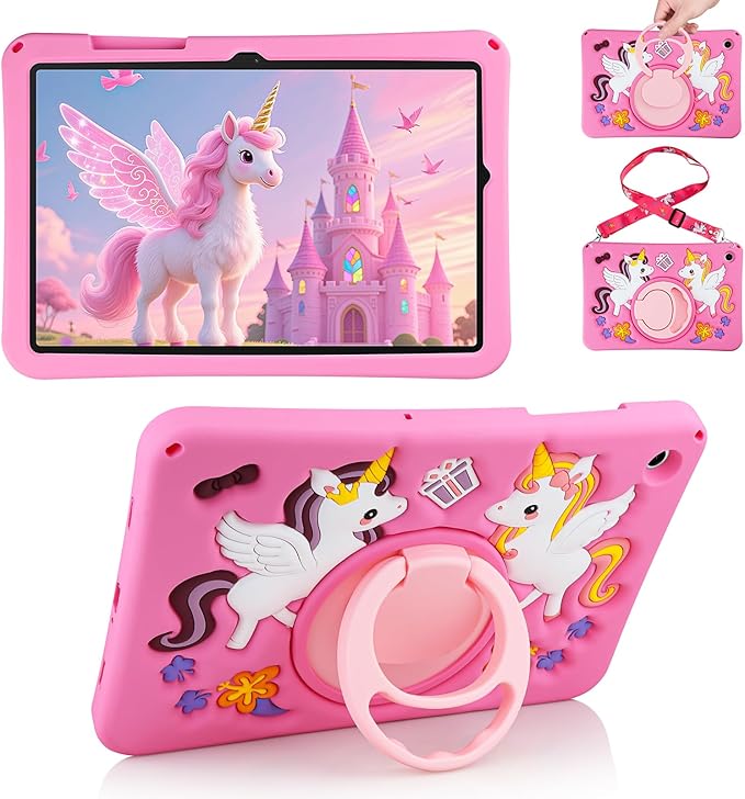 HianDier for Samsung Galaxy Tab A9+ Plus Case Cute Unicorn Silicone for Samsung A9 Plus Tablet Case with Detachable Strap and Rotatable Stand Shockproof Cover for Galaxy Tab A9+ 11" 2023-Rose Pink