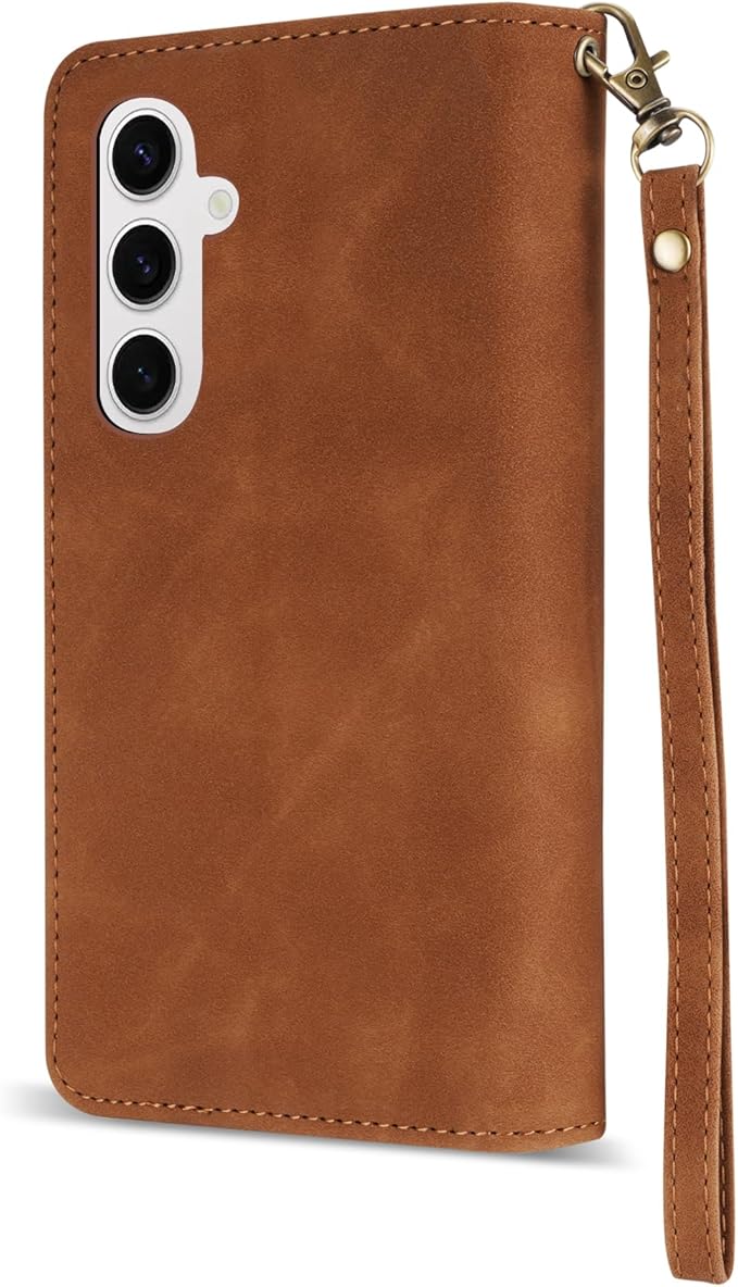 ZZXX for Samsung Galaxy S24 Wallet Case with RFID Blocking Card Slot PU Leather Zipper Flip Folio with Strap Kickstand Protective Cover for Samsung Galaxy S24 Case Wallet(Brown-6.2 inch)