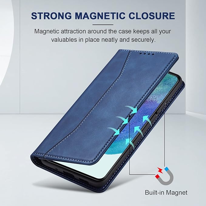 Jasonyu Flip Wallet Case for Samsung Galaxy S21 FE,Leather Magnetic Folio Cover with Card Holder,Kickstand - TPU Shockproof Durable Protective Phone Case,Blue