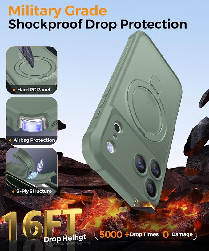 MOCCA Compatible with iPhone 17 Pro Case with Magnetic Invisible Stand [Full Camera Protection] [Compatible with Magsafe] Military Drop Shockproof Translucent Matte Phone Case Cover 6.3",Calke Green