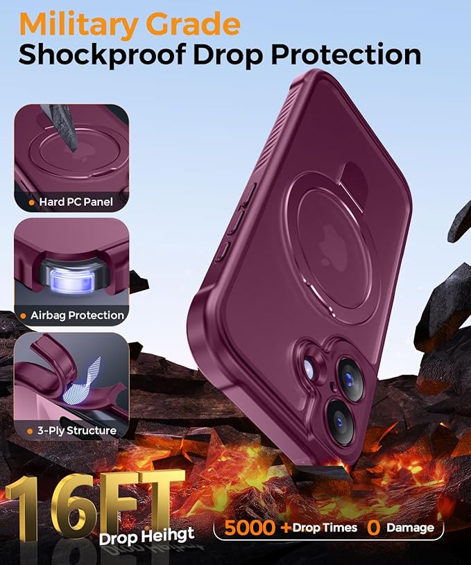 MOCCA Compatible with iPhone 17 Case with Magnetic Invisible Stand [Full Camera Protection] [Compatible with Magsafe] Military Drop Shockproof Translucent Matte Phone Case Cover 6.1",Wine Red