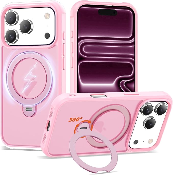 Compatible with iPhone 17 Pro Case with Invisible Magnetic 360°Spin Stand,Military-Grade Shockproof Protection [Compatible with Mag-Safe] Non-Slip Edge Translucent Case (6.3",Pink)