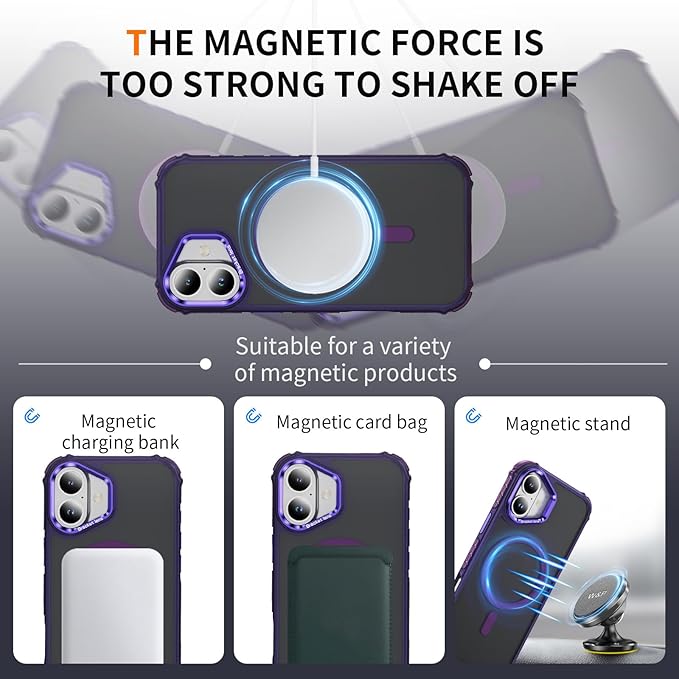 Magnetic for iPhone 16 Plus Case Purple with MagSafe Wireless Charging Heavy Duty Military-Grade Shockproof Protection Adjustable Kickstand Slim Matte Anti-Fingerprint Cover Men Women