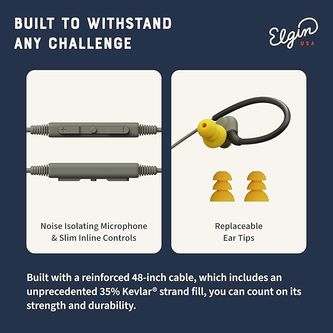 Elgin Rumble Wired Earplug Headphones, 27 dB NRR Waterproof Hearing Protection Earbuds w/Noise-Isolating Mic & in-Line Controller, OSHA Compliant, ANSI Certified, Kevlar Reinforced Cable, IP67, USB-C
