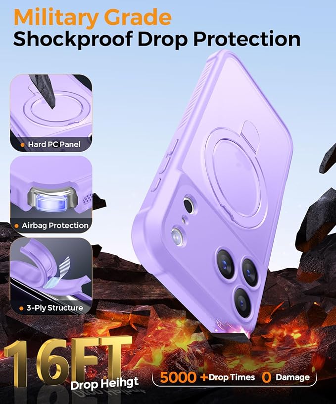 MOCCA Compatible with iPhone 17 Pro Case with Magnetic Invisible Stand [Full Camera Protection] [Compatible with Magsafe] Military Drop Shockproof Translucent Matte Phone Case Cover 6.3",Light Purple