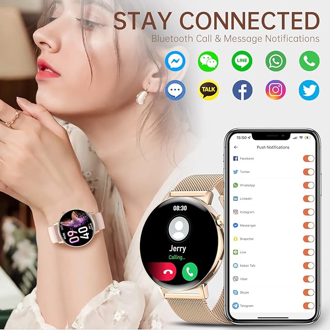Smart Watch for Women (Make/Answer Call),1.32" HD Touch Screen Watchs for Android and iOS Phones Compatible, Fitness Tracker with Heart Rate/Sleep Monitor/AI Voice/IP68 Waterproof, Gold(3 Bands)