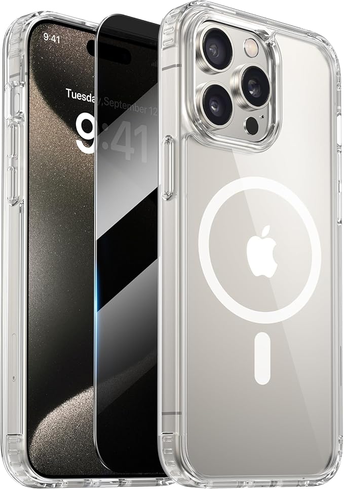 Diaclara Magnetic for iPhone 15 Pro Max Case, [with Privacy Screen Protector] [Anti Spy] [Military Grade Drop Protection] Heavy Duty Full-Body Shockproof Phone Case, Clear