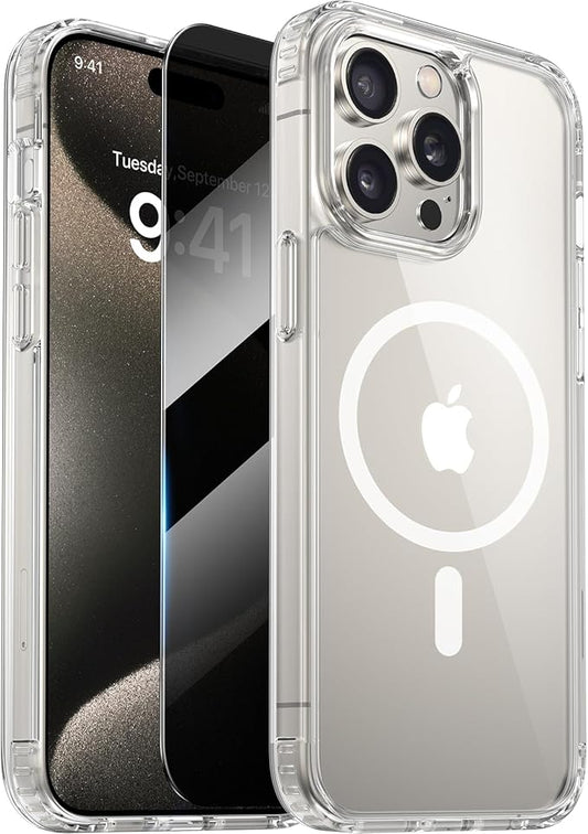 Diaclara Magnetic for iPhone 15 Pro Max Case, [with Privacy Screen Protector] [Anti Spy] [Military Grade Drop Protection] Heavy Duty Full-Body Shockproof Phone Case, Clear