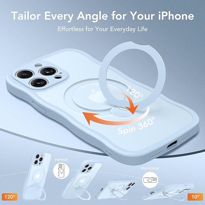 for iPhone 14 Pro Max Case for Women,[Compatible with Magsafe][360° Spin Magnetic Stand][Cute Wave Edge][Military-Grade Protection]Translucent Matte Phone Case for iPhone 14 ProMax, Baby Blue