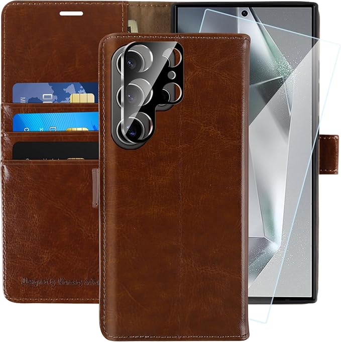 MONASAY Wallet Case Fit for Samsung Galaxy S24 Ultra 5G，[Lens & Glass Screen Protector] [RFID Blocking] Flip Folio Leather Cell Phone Cover with Credit Card Holder, 6.8 inch, Brown