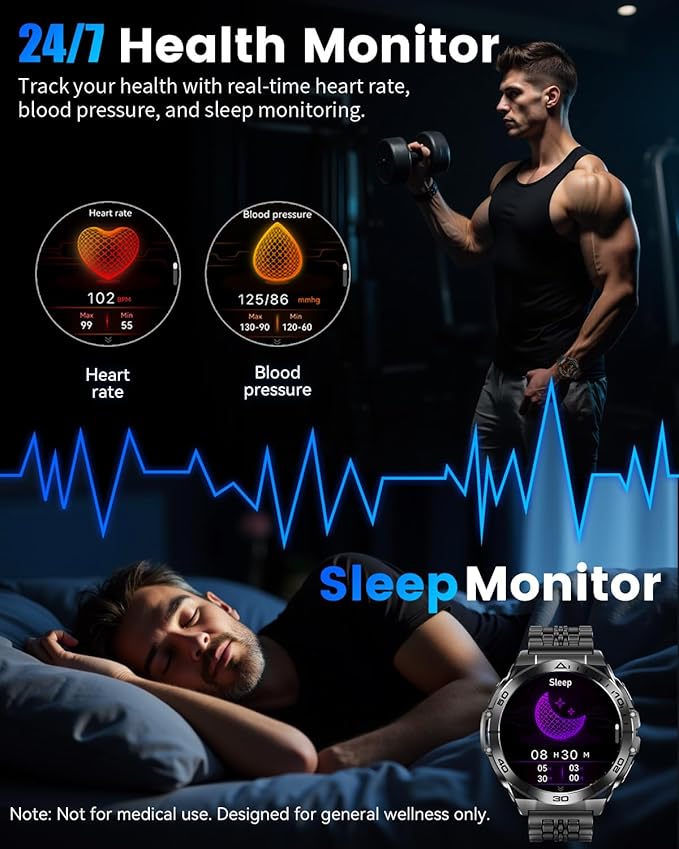 Military Smart Watch with LED Flashlight for Men, 1.6" AMOLED Bluetooth Call Watch, IP68 Waterproof Fitness Tracker with Heart Rate, SpO2, Sleep Monitor, Compatible with Android/iOS