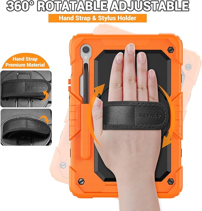 SEYMAC Case for Samsung Galaxy Tab S10 Lite/ S10 FE/ S9 FE/ S9 5G (10.9''/11''), Heavy Duty Shockproof Protective Case with Screen Protector, Rotating Stand, Hand Strap and Pen Holder, Orange