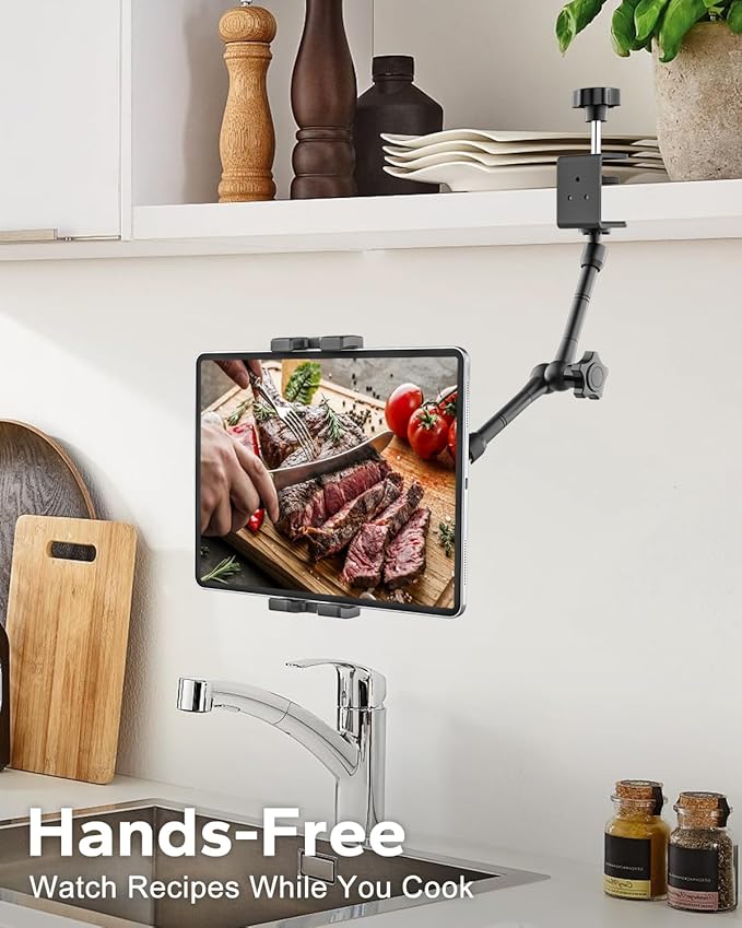 16" Tablet Stand Holder for Desk, Under Cabinet, Shelf, Bed, [Metal Arm] 360° Adjustable Tablet Holder Clamp Compatible with iPad Pro/Air/Mini, Kindles, Fire HD, Galaxy Tabs and All 4.7-16" Tablets