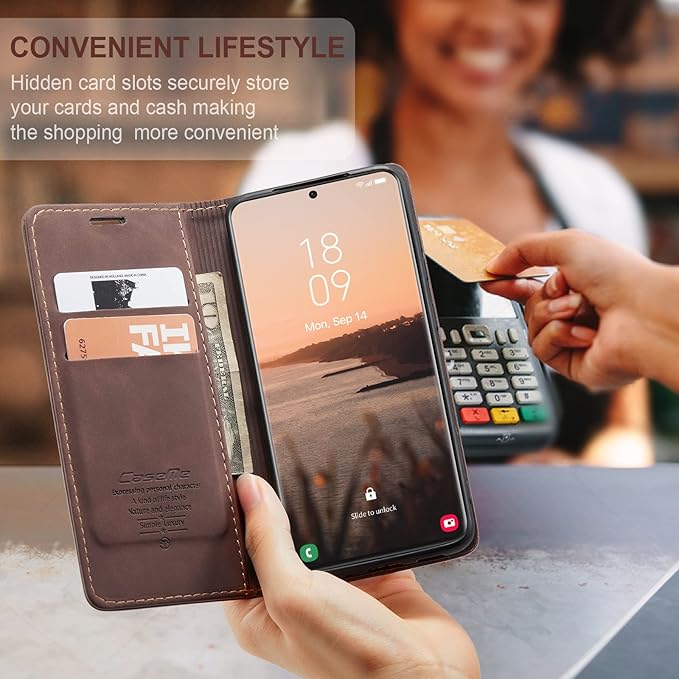 for Samsung Galaxy S21 Ultra Case, Flip Wallet Leather Case with Card Holder Magnetic Closure Shockproof Kickstand Protective Phone Cases Cover for Samsung S21 Ultra,Coffee