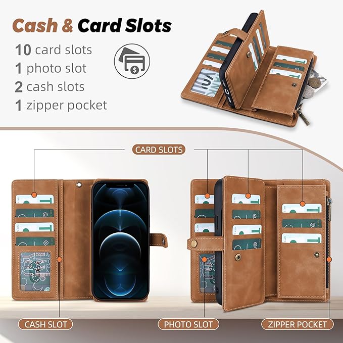 TwoHead for iPhone 12 Pro Max Wallet Case with Card Holder,Detachable Magnetic 12 Pro Max Phone Case, PU Leather Shockproof Protective Cover Wallet for Women/Men,6.7IN,Brown