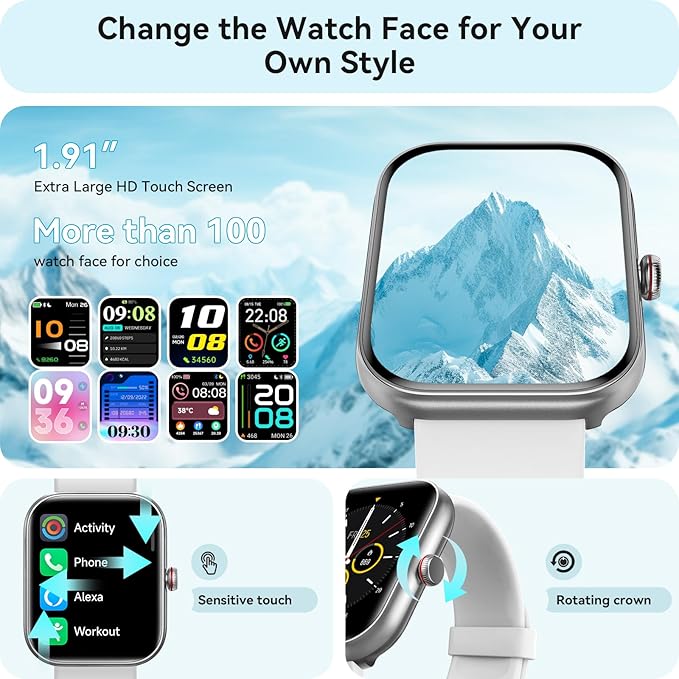 Smart Watch for Women Men, Smartwatch for iPhone & Android Bluetooth (Answer/Call) Built-in Alexa, 1.91" HD Fitness Tracker with 105+ Sport Modes, IP68 Waterproof, Sleep/Heart Rate/SpO2/Stress Monitor