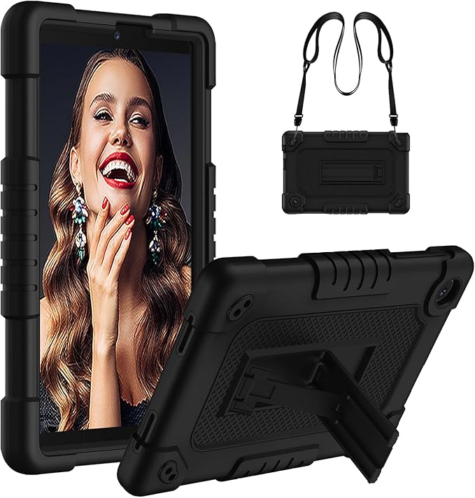 for TCL Tab 8 LE Tablet Case,Shoulder Strap Soft Silicone&Hard Back Shockproof Kids Friendly Case for TCL Tab 8 LE/TCL Tab 8 WiFi/TCL TAB 8V/TCL Tab 8 SE/TCL Tab 8 Plus 8 Inch(Black/Black)