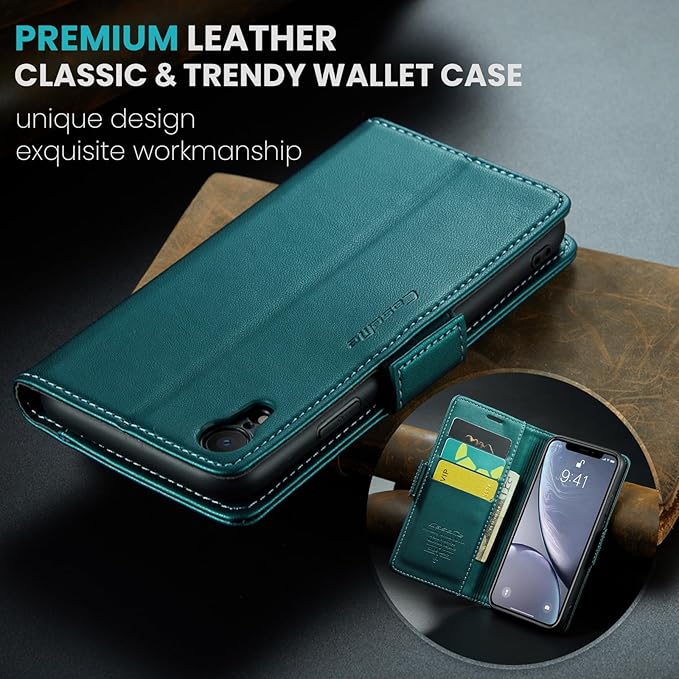for iPhone XR Case, Premium PU Leather Wallet Case Flip Cover with [RFID Blocking][Card Holder][Stand Function] Shockproof Protective for Apple iPhone XR, Blue-Green