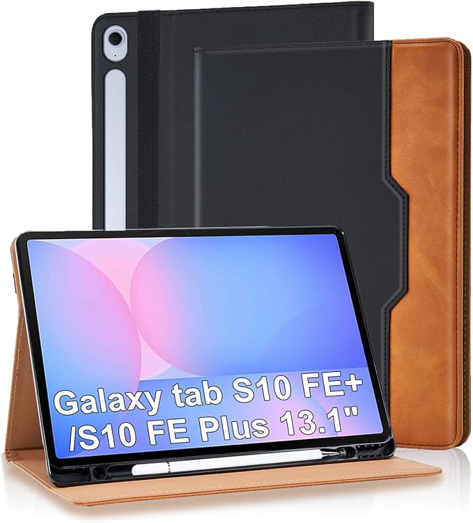 Case for Samsung Galaxy S10 Fe Plus 13.1 inch with S Pen Holder, PU Leather with Hand Strap Folio Flip Cover for Galaxy S10 FE+ with Pockets Auto Sleep/Wake for Man Woman, Black