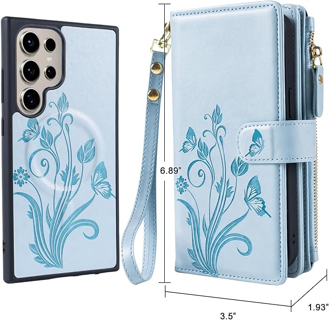 Lacass for Samsung Galaxy S24 Ultra Case Wallet,Compatible with MagSafe 2 in 1 Magnetic Detachable PU Leather RFID Blocking Wallet Cover Card Holder Zipper Wrist Strap Lanyard,Floral Sky Blue