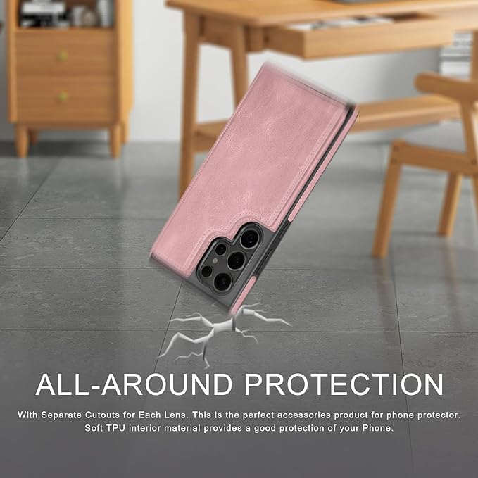 DJDUCK Designed for Samsung Galaxy S25 Ultra Case Wallet with Card Holder, [Magnetic Clasp Cover] [RFID Blocking Leather Protection] Shockproof Women Men Cases for Samsung S25 Ultra Pink