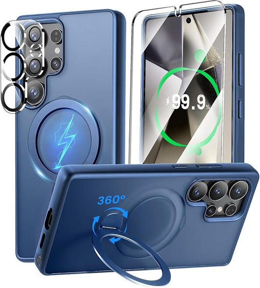 360° Rotatable Stand for Samsung Galaxy S25 Ultra Case Magnetic with Screen Protector X1 & Camera Lens Protector*1, Compatible with MagSafe, 16FT Mil-Grade Shockproof for S25 Ultra Case 6.9",Deep Blue