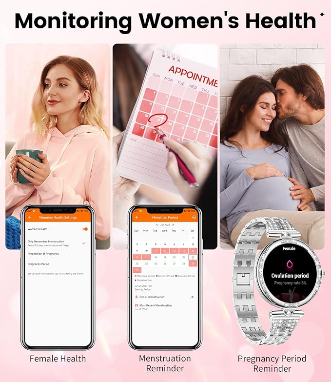 LIGE Smart Watches for Women (Answer/Make Call) with Diamonds，1.19” AMOLED Smartwatch,IP68 Waterproof Fitness Tracker 120 Sport Modes Pedometer for Android iOS,Sliver