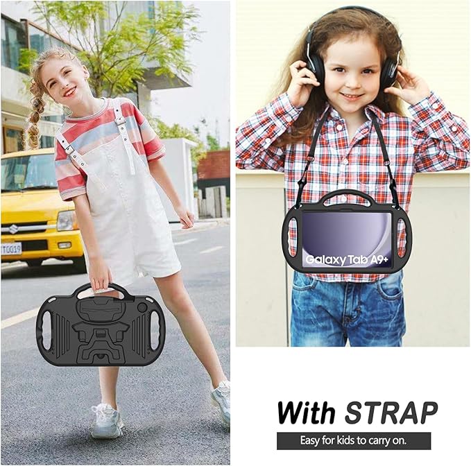 AVAWO Kids Case for Samsung Galaxy Tab A9+/A9 Plus 11 Inch 2023 Case, with Strap, Shockproof Lightweight Handle Stand 2023 Model (SM-X210/X216/X218), Black